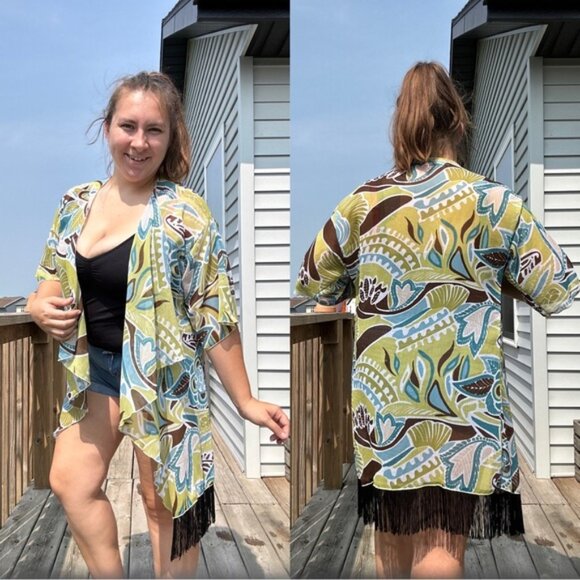 LulaRoe | Green & Brown Floral Tropical Monroe kimono | Size Small - Picture 1 of 7